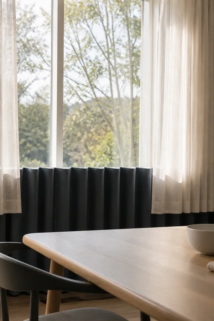White sheer curtain layered over a dark blackout curtain in a small room divider.