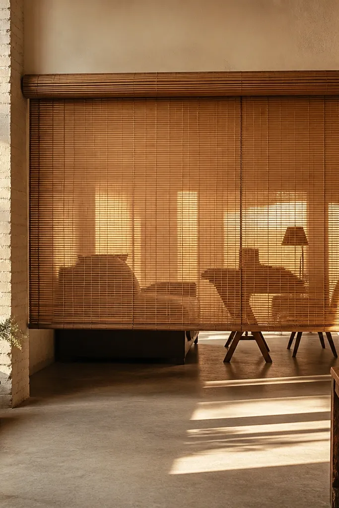 Light bamboo roll-up curtain dividing a small living area.