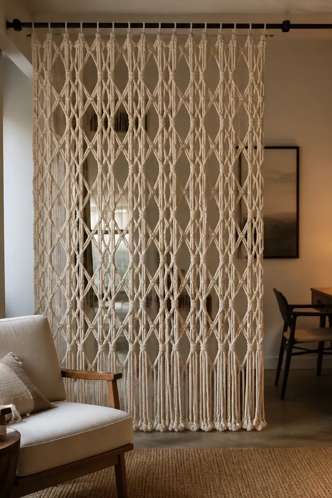 Cream macramé curtain hanging as a divider with airy texture.