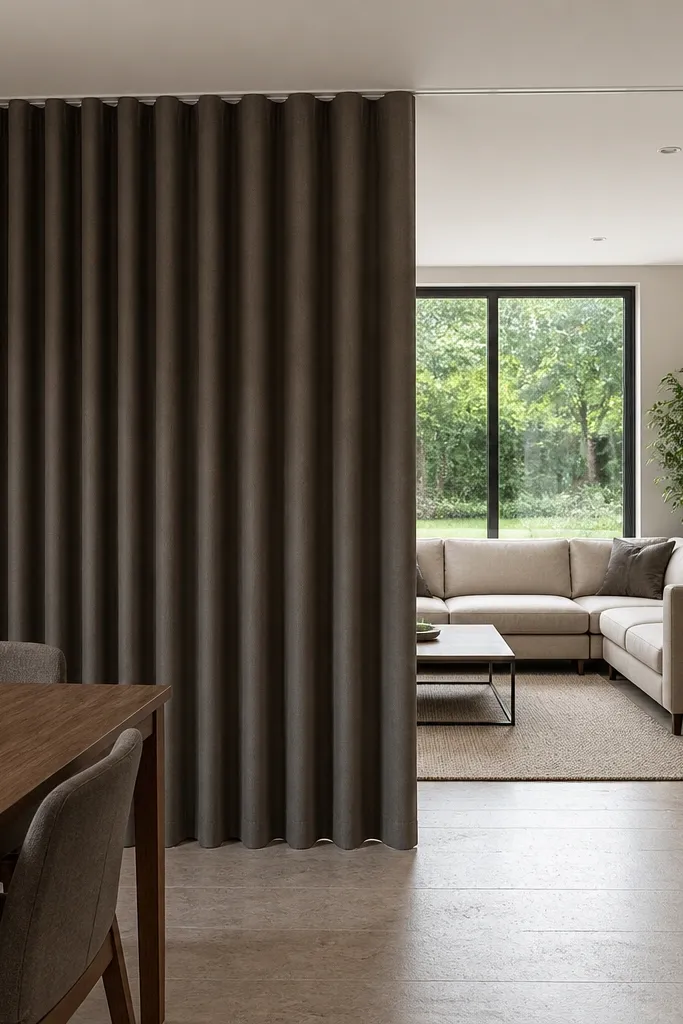 Grey ripple-fold curtains in panels creating a neat, wave texture divider.