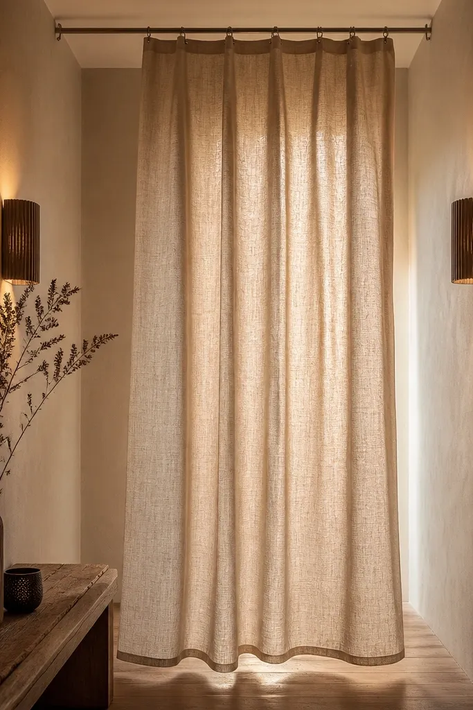 Curtain divider lit by warm wall sconces, creating a glowing separation.