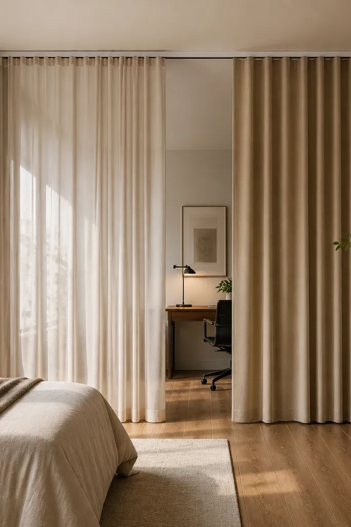 Two curtain layers on a double rod with overlap for adjustable privacy.