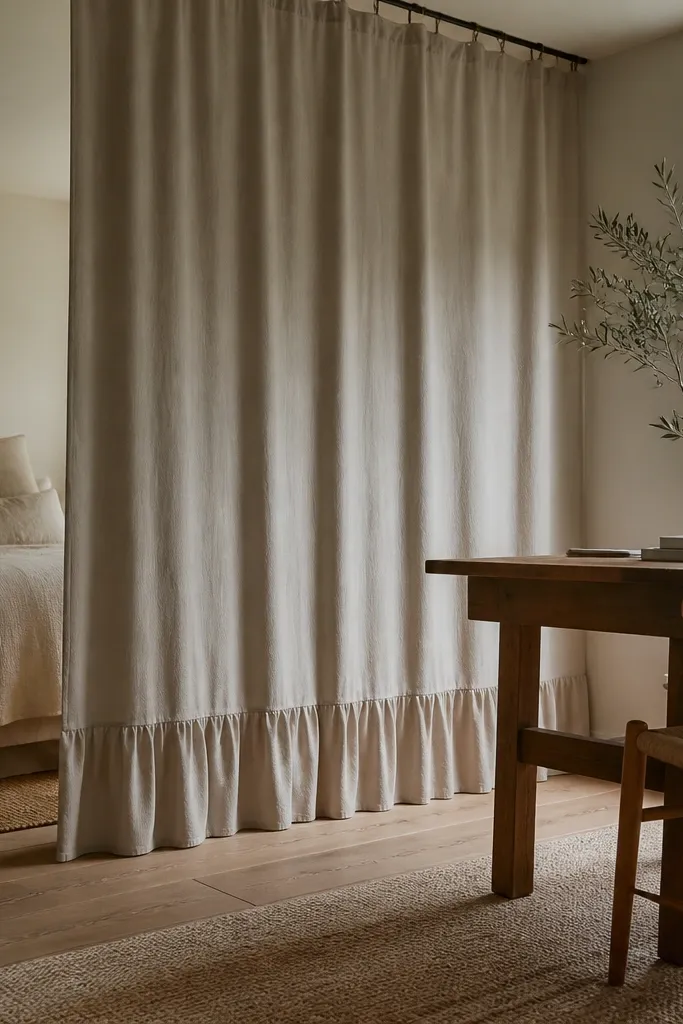 Curtain divider with a tailored lower edge that looks built-in.