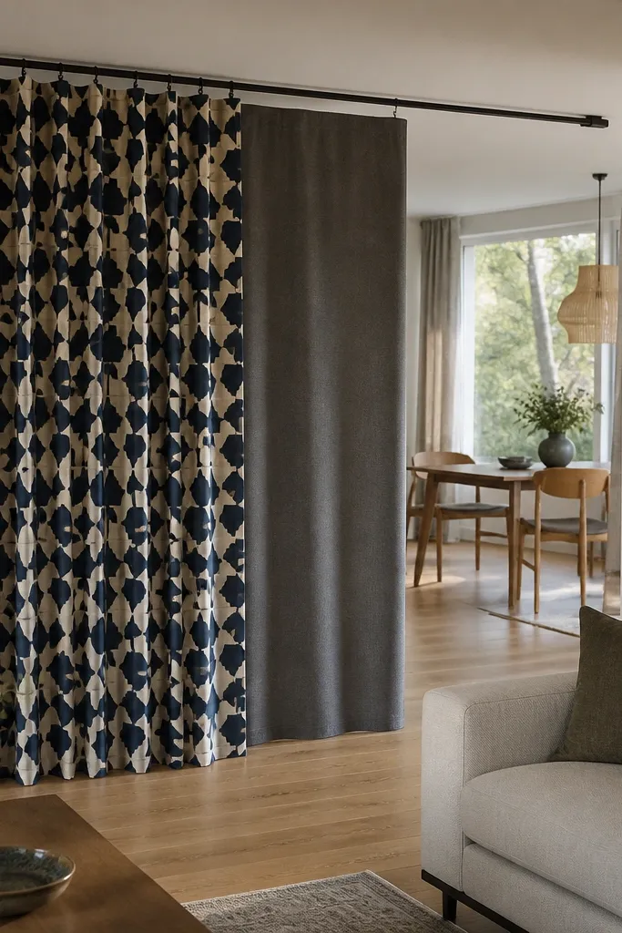 Bold patterned curtain with a solid backing creating contrast privacy.