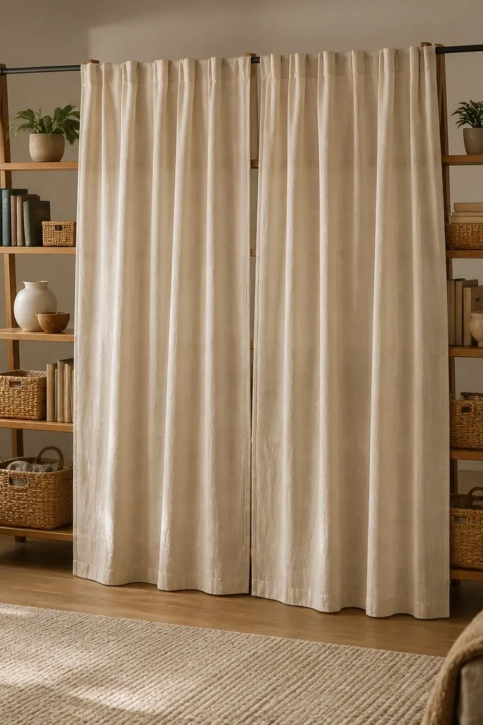 Curtain panels attached to a ladder shelf frame creating a divider wall.