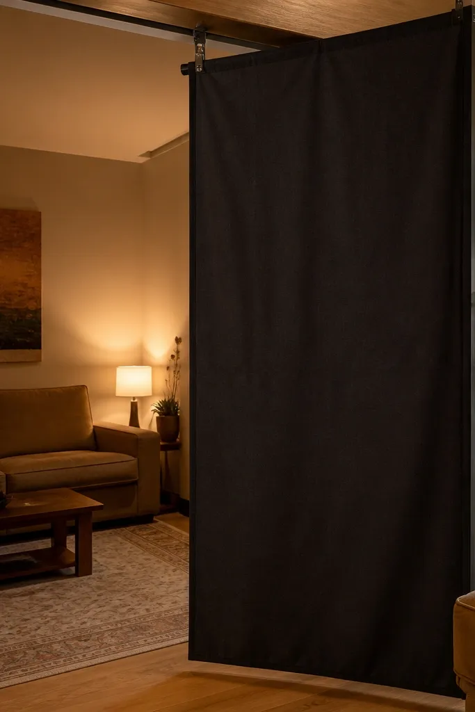 Curtain divider that swings like a door on a hinge rail system.