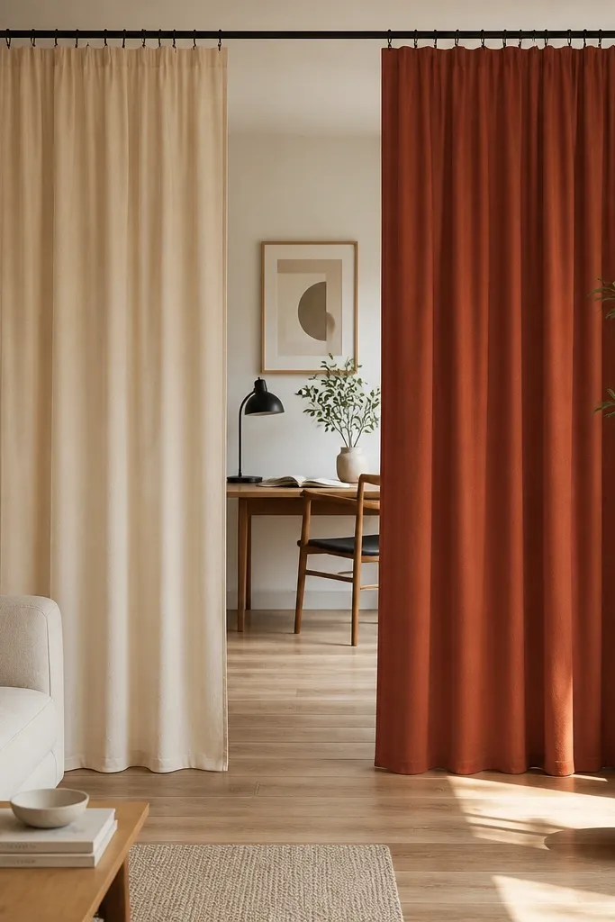 Color-blocked curtains split into two tones dividing a small room.