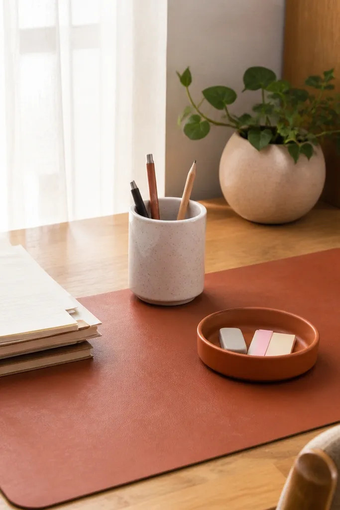 Terracotta desk mat with a white pen cup and small matching tray