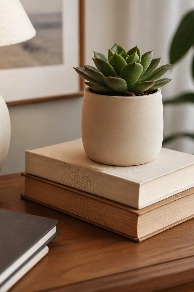 Two stacked books holding a small planter next to a desk lamp