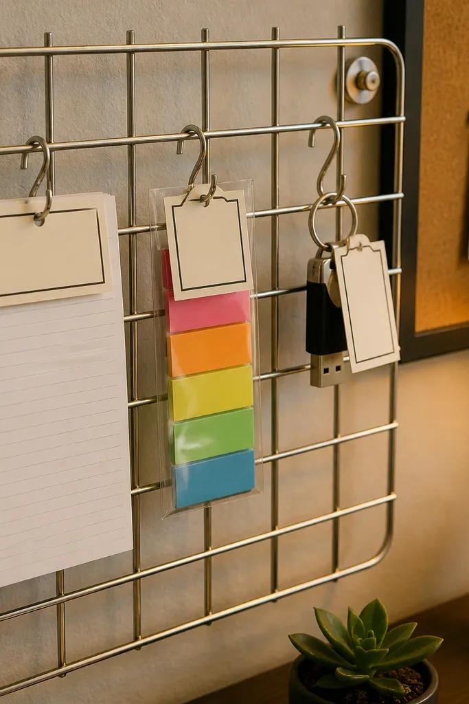 Small wire grid organizer with labels and clipped notes above a study desk