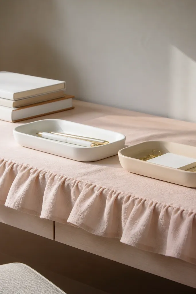 White ruffle-edge runner along a desk with two minimal trays for supplies