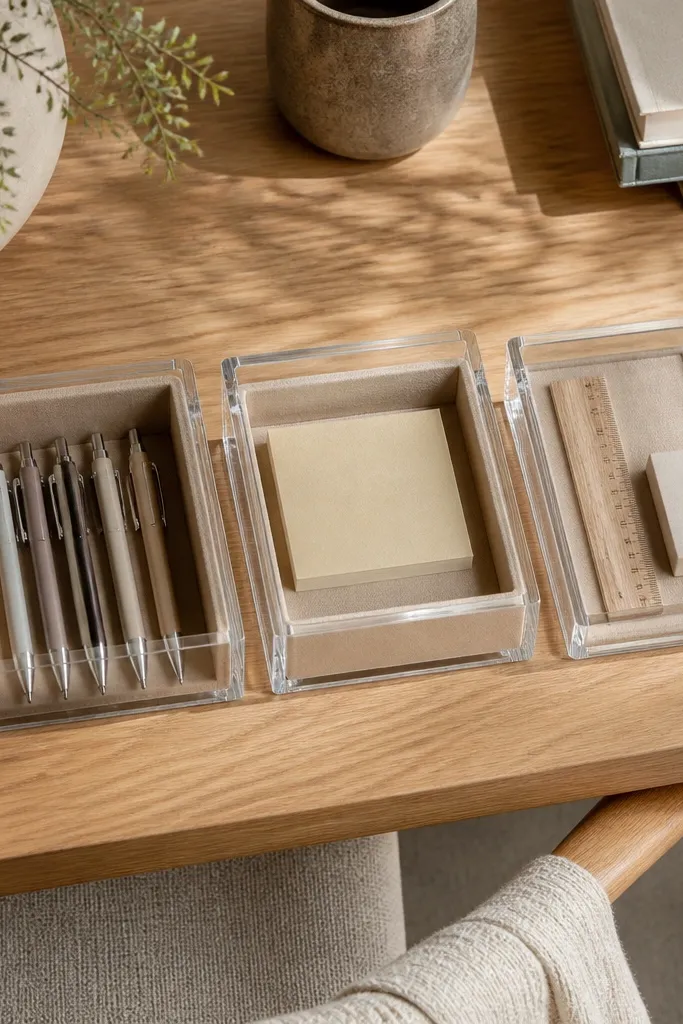 Clear acrylic organizers with beige inserts holding pens, sticky notes, and clips