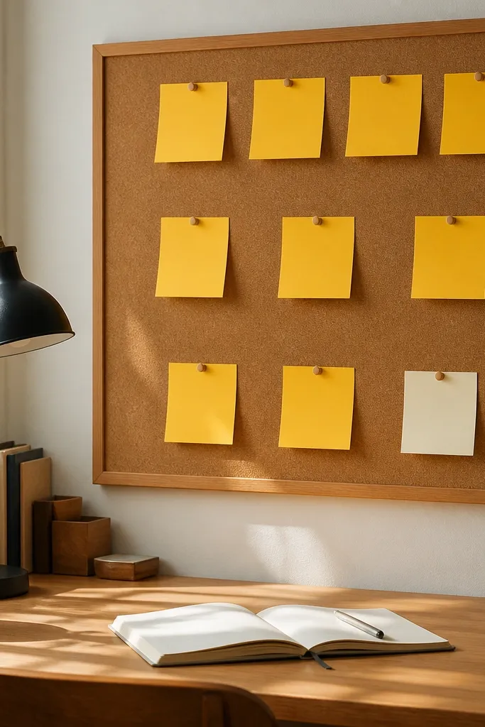 Yellow sticky notes arranged on a small board above a desk with a pen holder