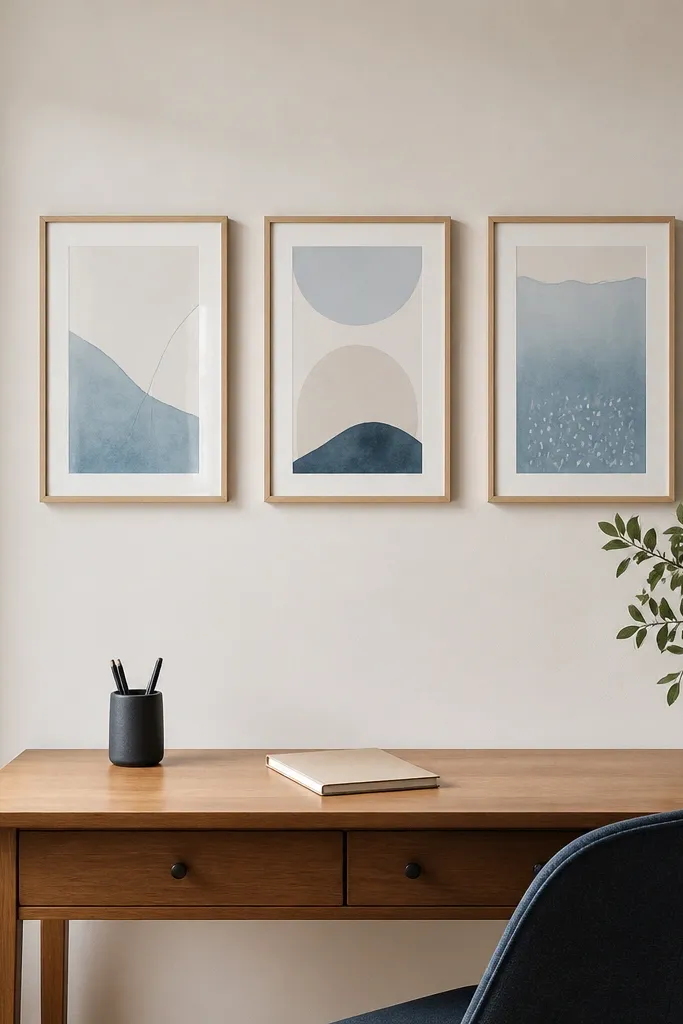 Three small framed study prints on the wall behind a desk with a pen cup