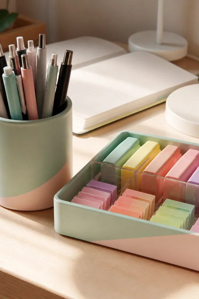Pastel pencil cup with a divider tray for pens and markers on a light wood desk