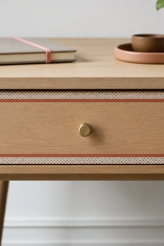 Washi tape border on a desk drawer with neatly arranged notebooks and a pen cup