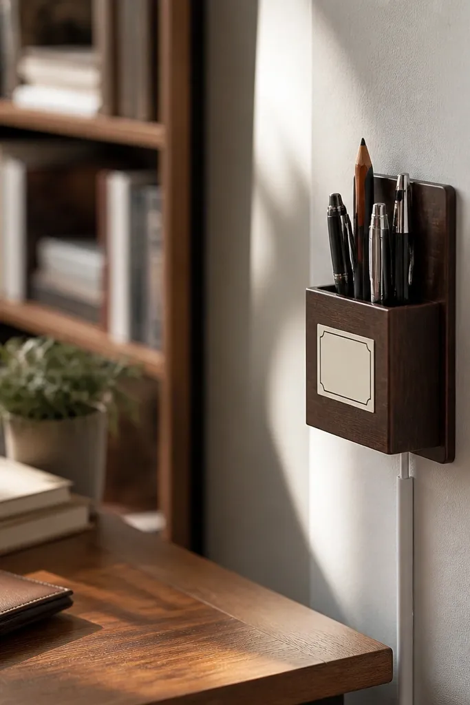 Wall-mounted pen holder beside a desk with cables routed neatly behind