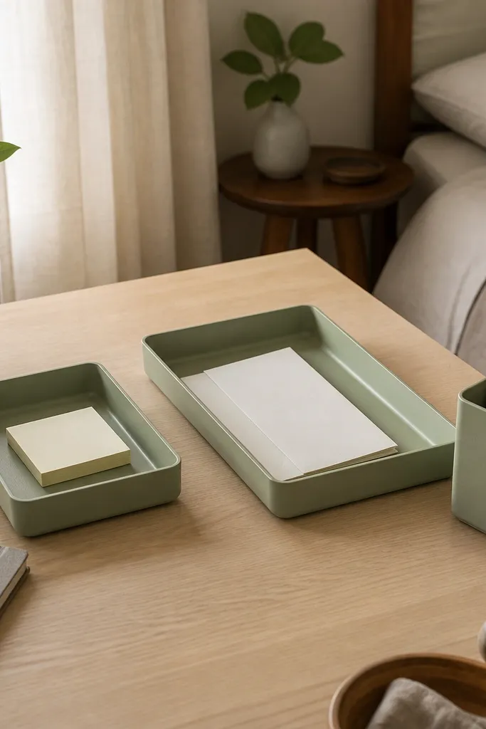 Sage green desk organizer with two trays for stationery and notes