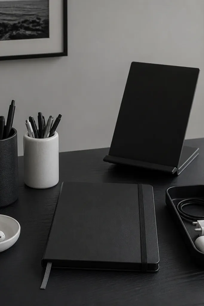 Black desk organizer with white ceramic pen holder and small notebook stack