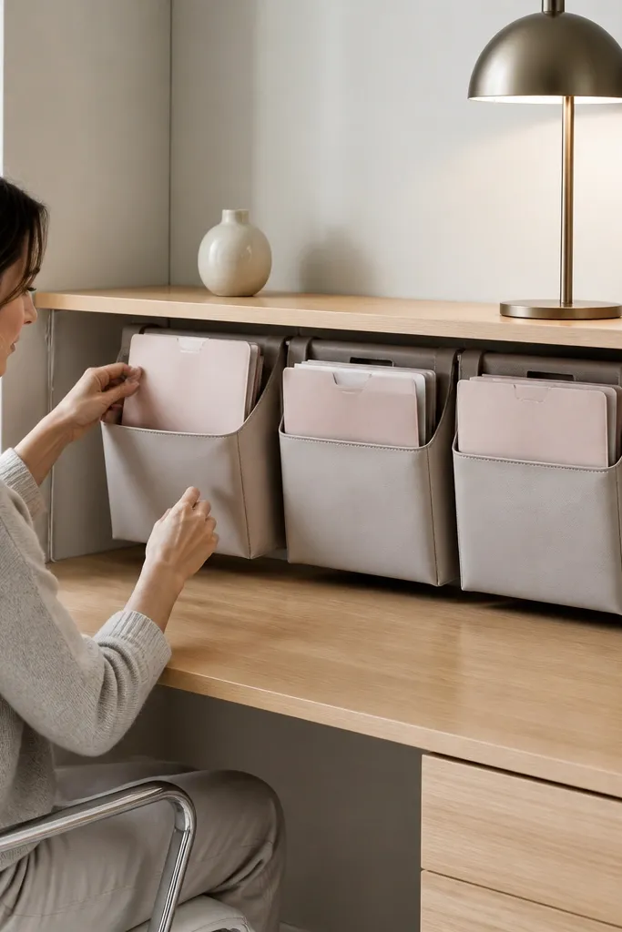 Desktop shelf with hanging file pockets holding folders and a small lamp