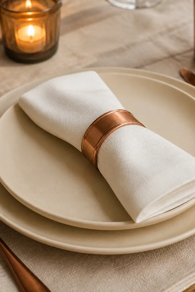 Cream plates with folded white napkins and copper rings on a dark table runner