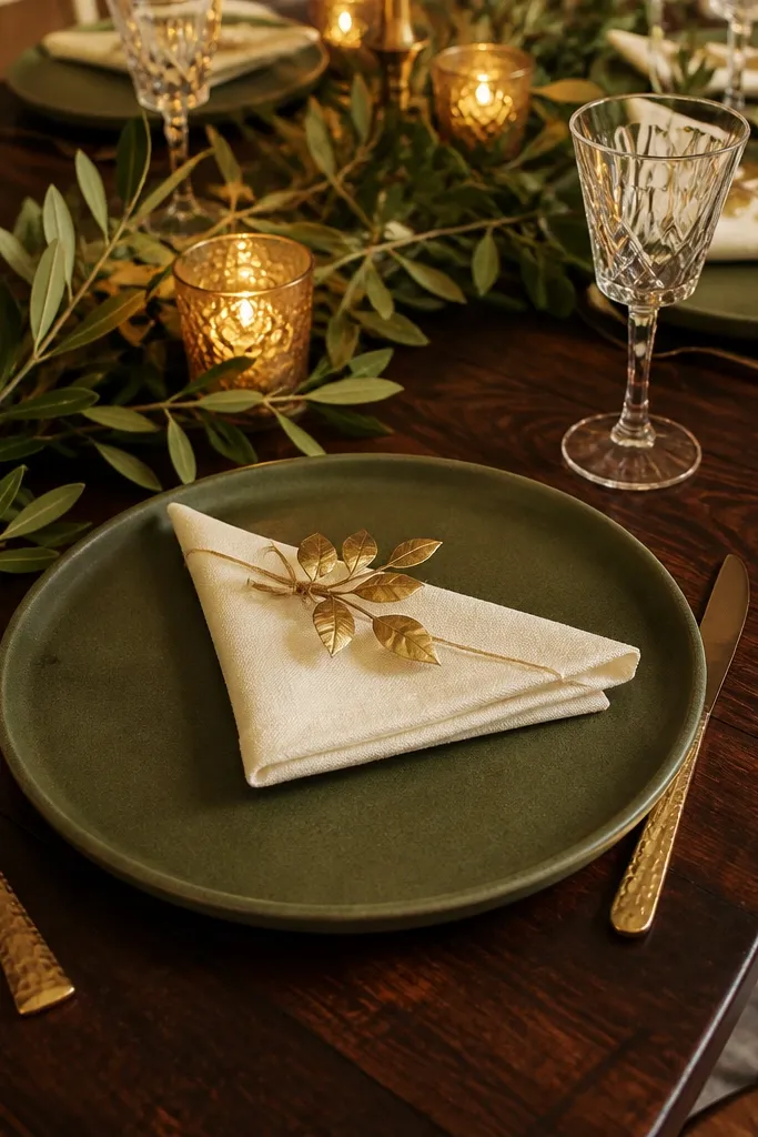 Deep olive plates with a gold leaf napkin fold and small gold sprigs