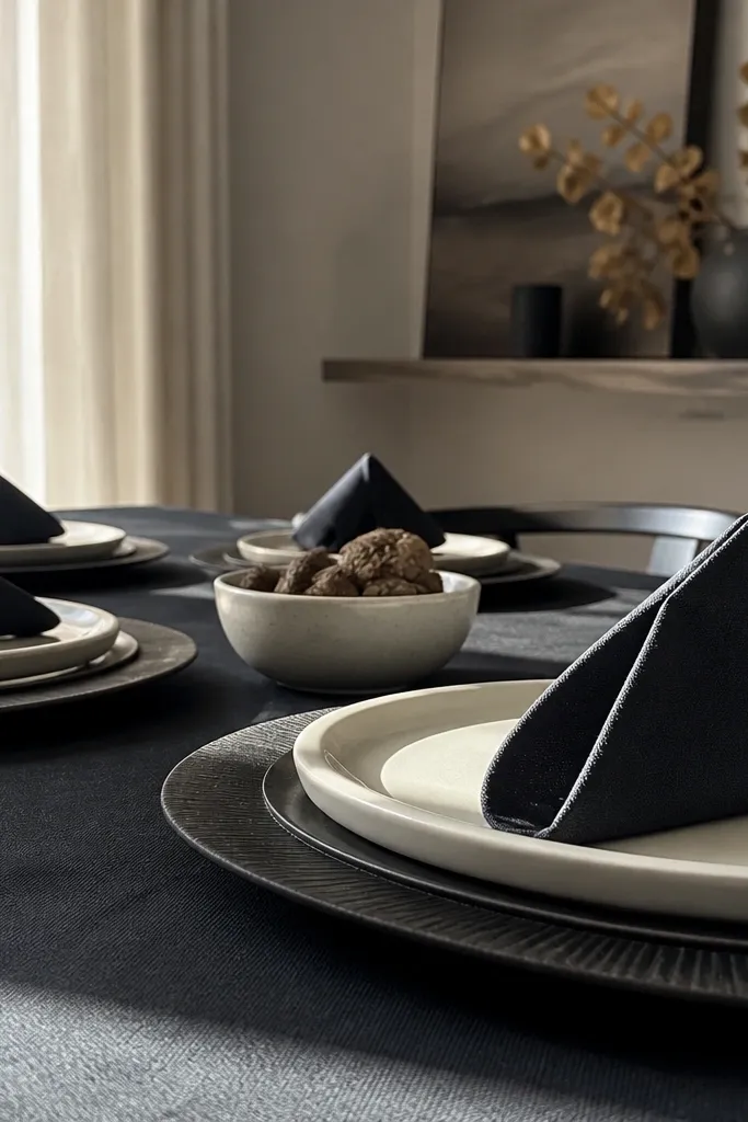 Charcoal chargers with black napkins and cream plates in a clean modern layout
