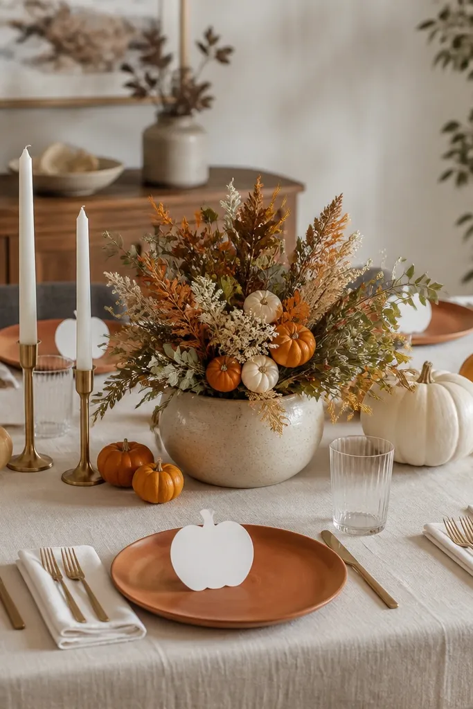 Terracotta plates with white napkins and small pumpkin place cards at each setting