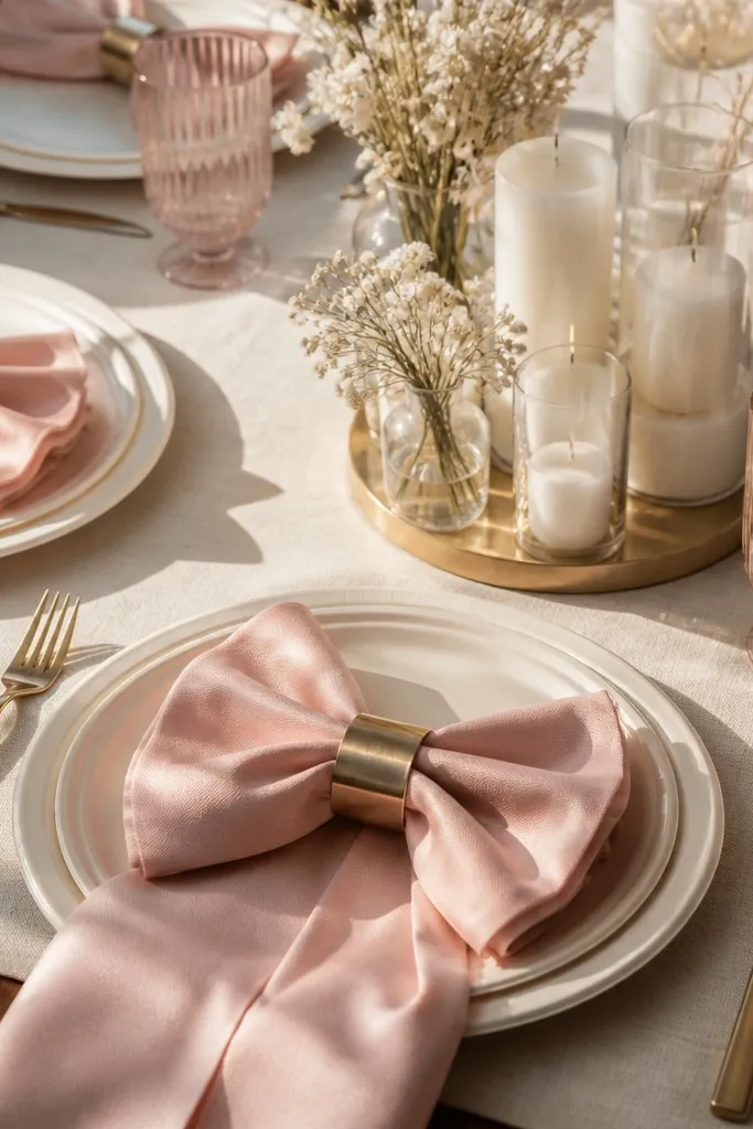 Ivory plates with blush napkins and champagne-gold cutlery accents