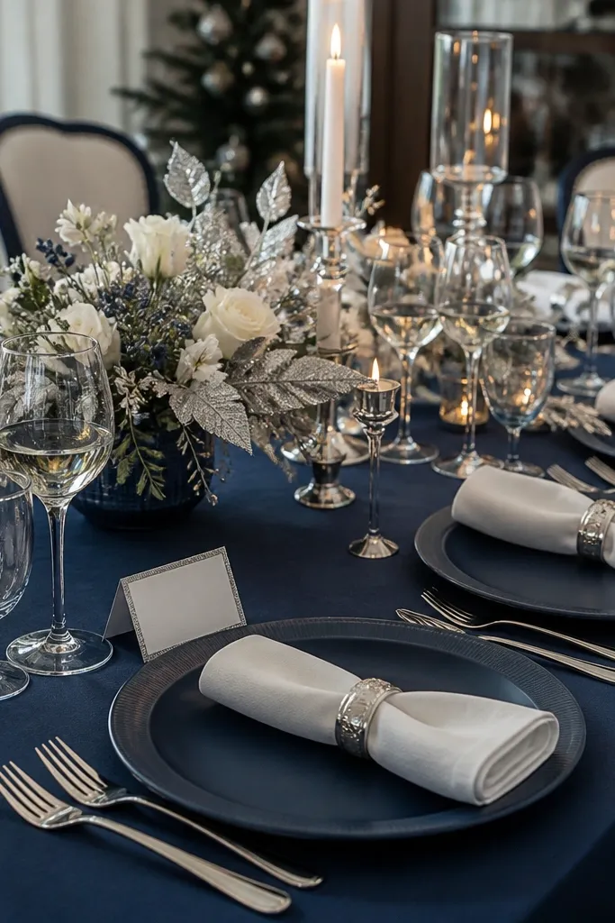 Navy plates with crisp white napkins and silver leaf accents