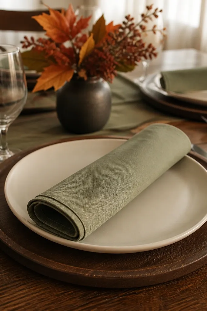 Walnut brown chargers with sage napkins and cream plates for a warm neutral table