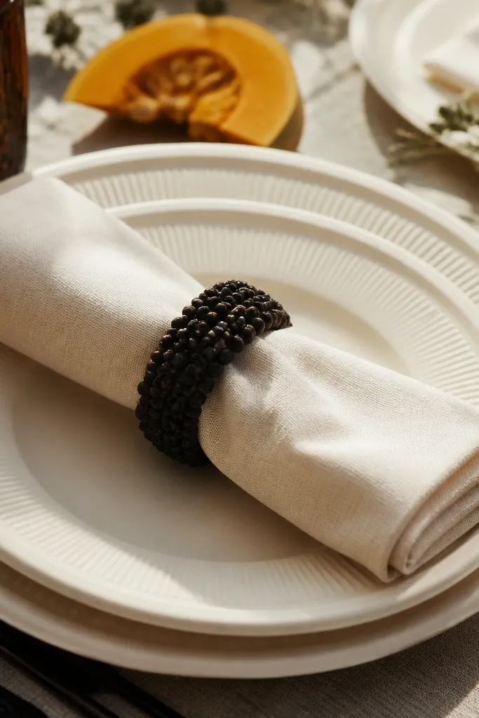 Ivory plates with folded napkins and black napkin rings shaped like peppercorns