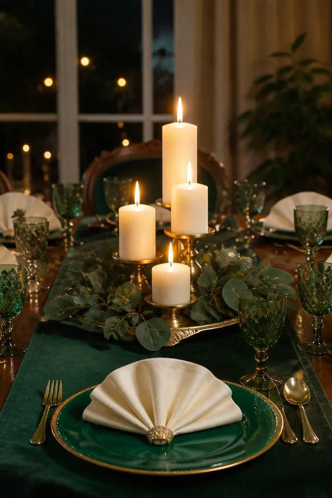 Emerald green plates with gold rim napkins and three small candles on a tray