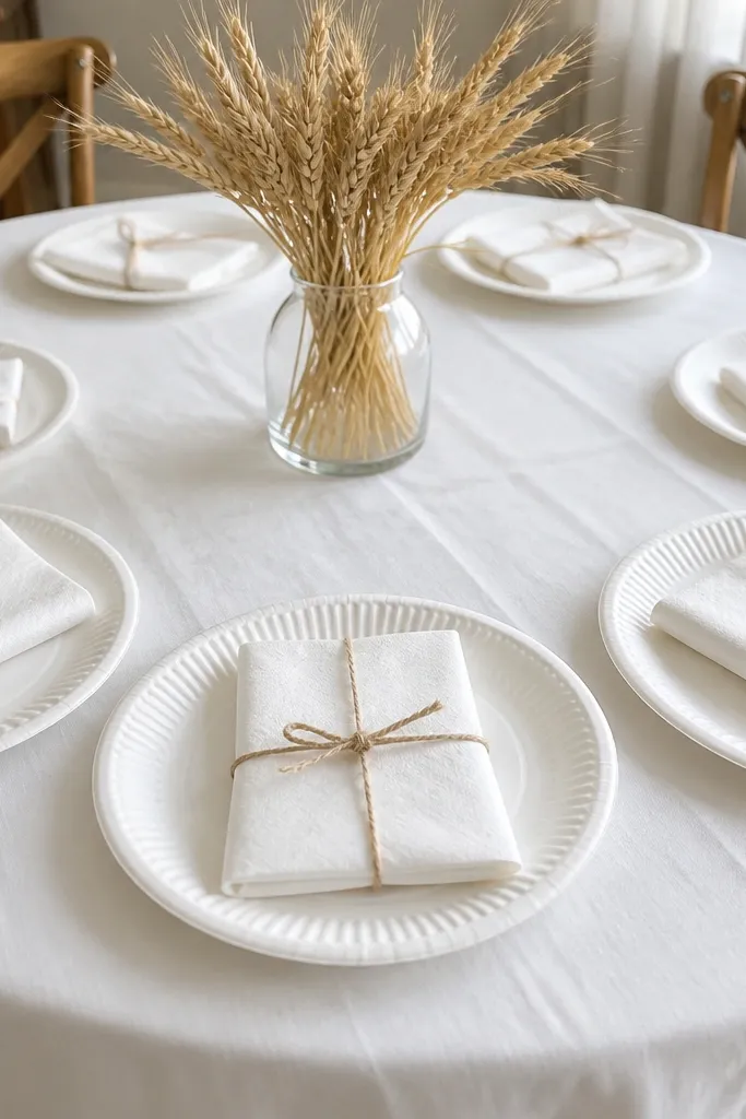 All-white plates and napkins tied with jute on a neutral table with wheat stems