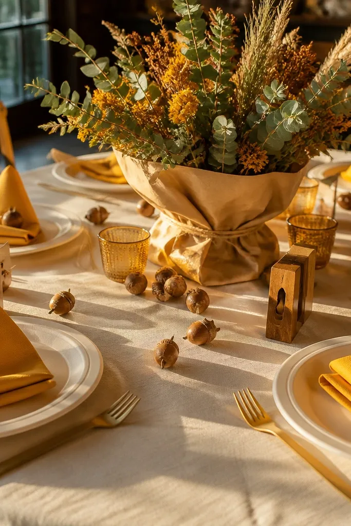 Cream plates with saffron yellow napkins and small walnut colored decorative touches