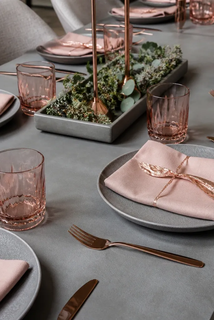 Stone gray plates with blush napkins tied with rose gold foil and a minimal centerpiece
