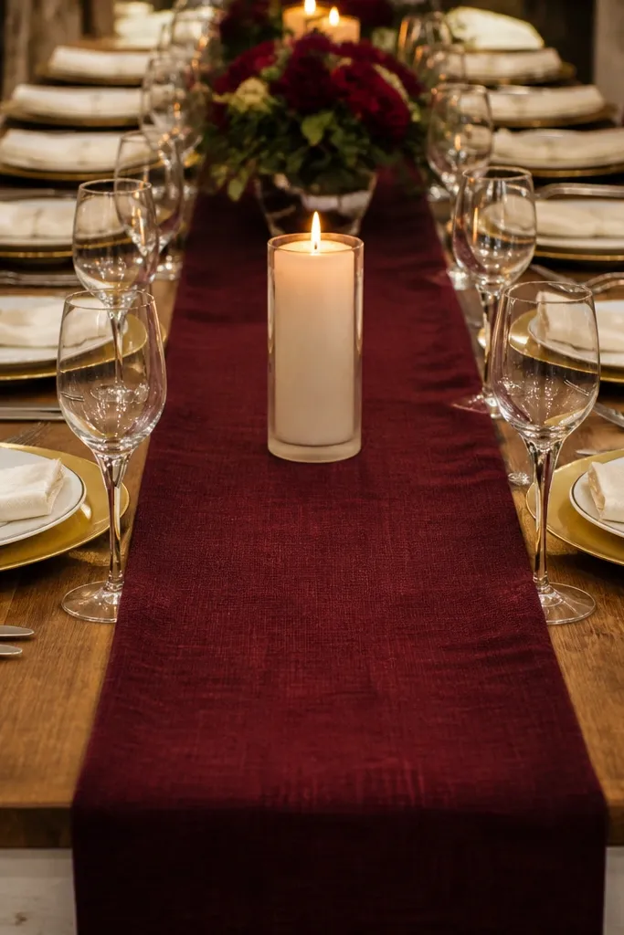 Cranberry linen runner with gold-rim plates, folded cream napkins, and warm gold candlesticks
