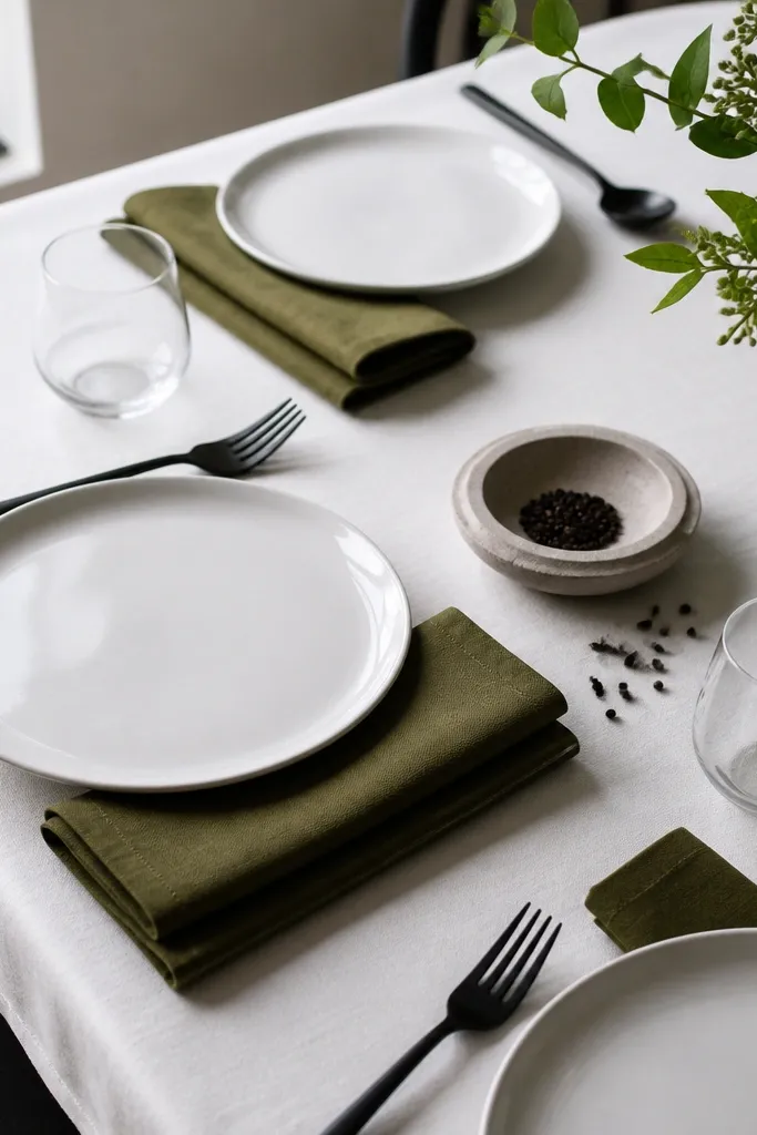 White plates with olive napkins and small black peppercorn decor on a neutral table