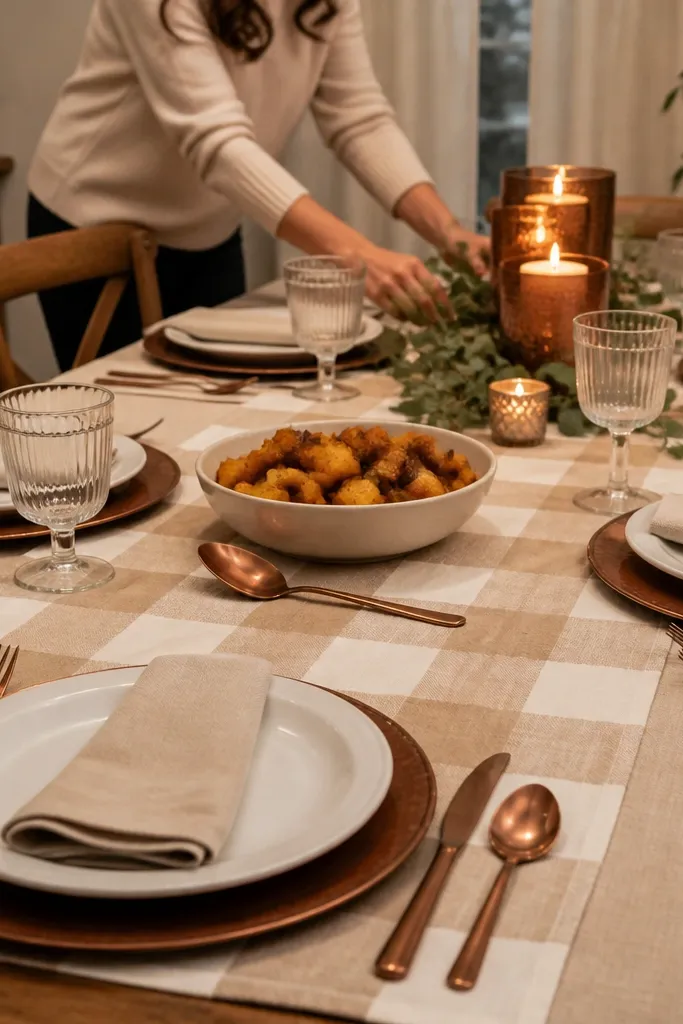 Buffalo check runner, cream napkins, and copper-toned cutlery on white plates