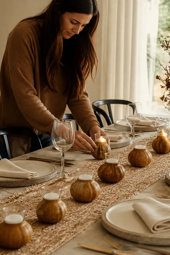 Jute runner, cream napkins, and small gourd votives down the table center