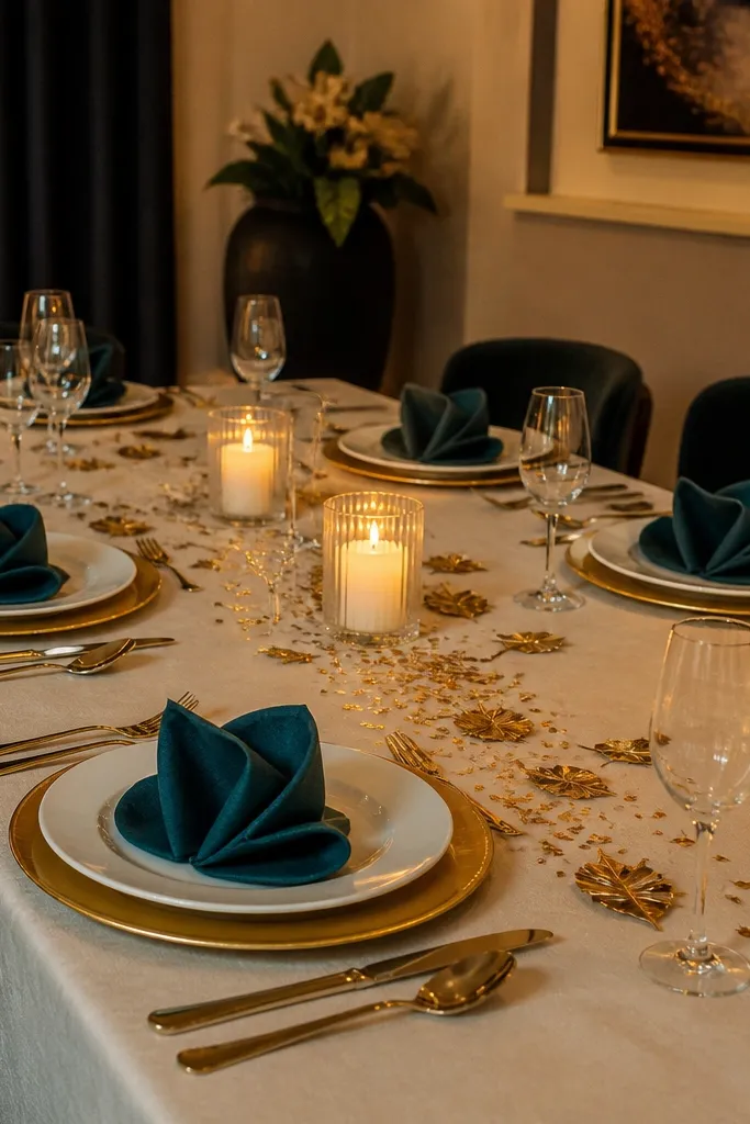 Deep teal napkins, gold accents, and scattered metallic leaf pieces on a white table