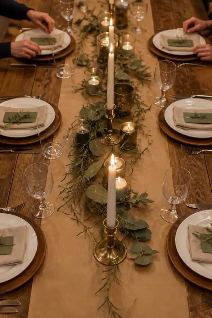 Kraft paper runner, sage place cards, and tan napkins on white plates