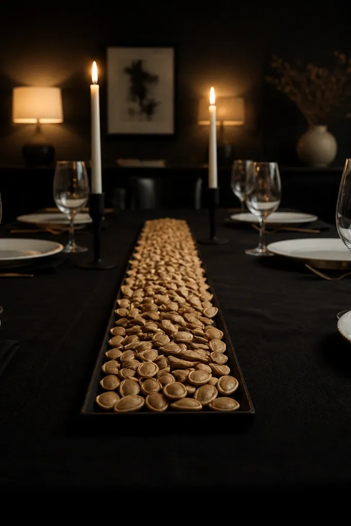 Black tablecloth, white porcelain plates, and pumpkin seeds in a shallow centerline bowl
