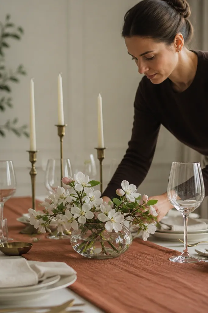Rust runner, cream napkins, and low glass bowl with apple blossom style florals