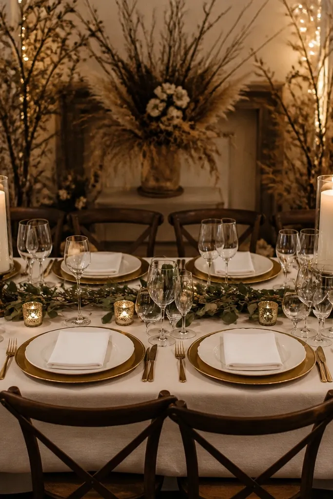 Gold rim chargers, white napkins, and two tall candles at the far ends of a dining table