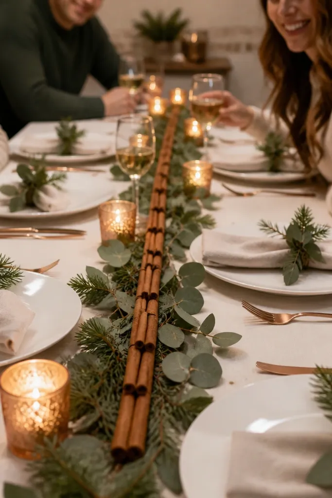 Cream tablecloth, cinnamon sticks in a tray, and greenery napkin rings with white plates