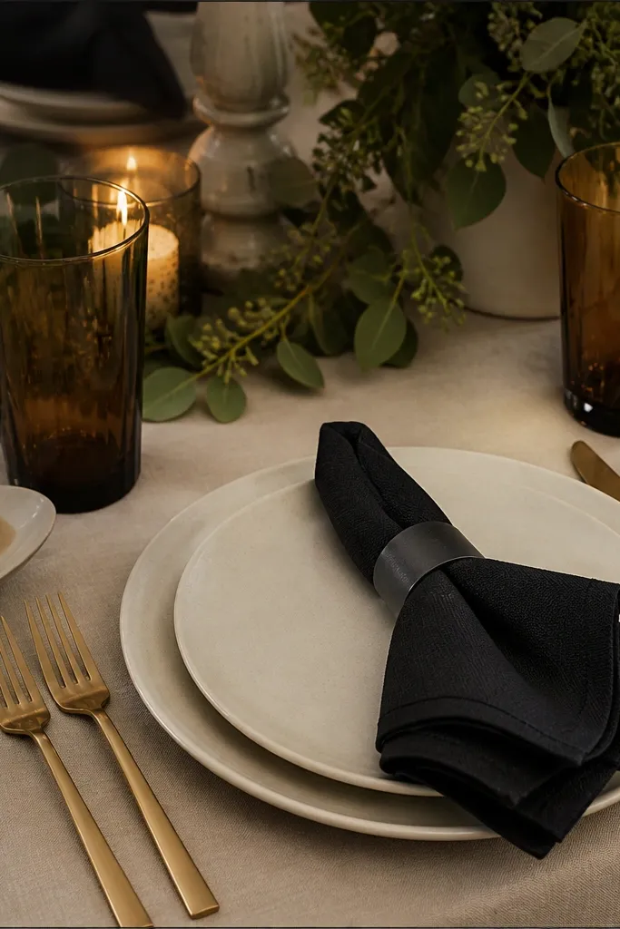 Cream plates with folded black napkins, amber glasses, and gold candles on a dark table runner