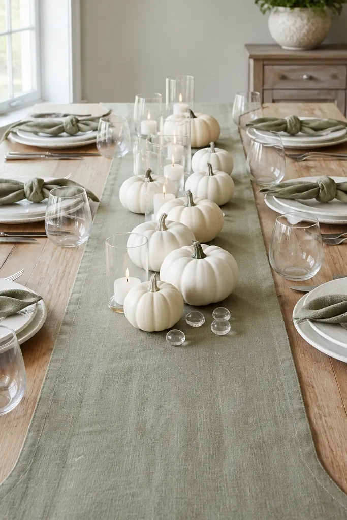 Sage linen runner, clear glasses, white ceramic pumpkins, and white plates with green napkins