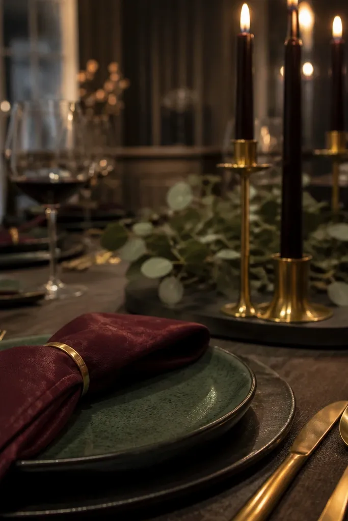 Deep green dinner plates, burgundy folded napkins, gold cutlery, and dark candles