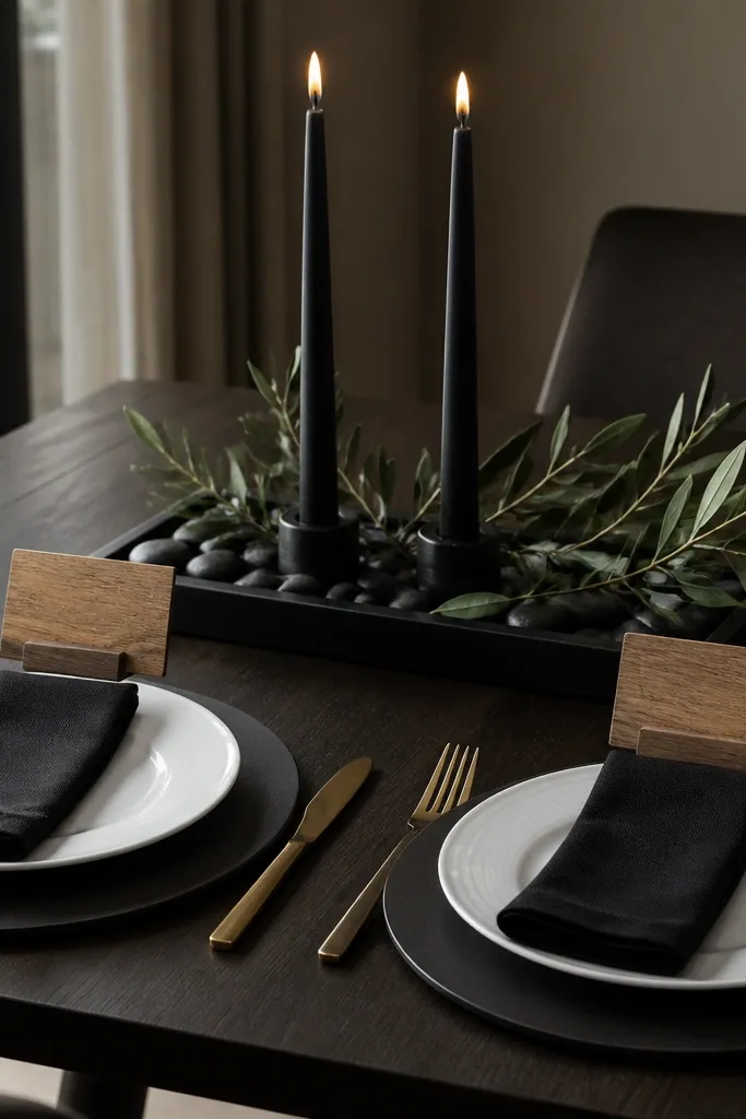 Black chargers, white porcelain plates, natural wood place cards, and warm wood-toned centerpiece
